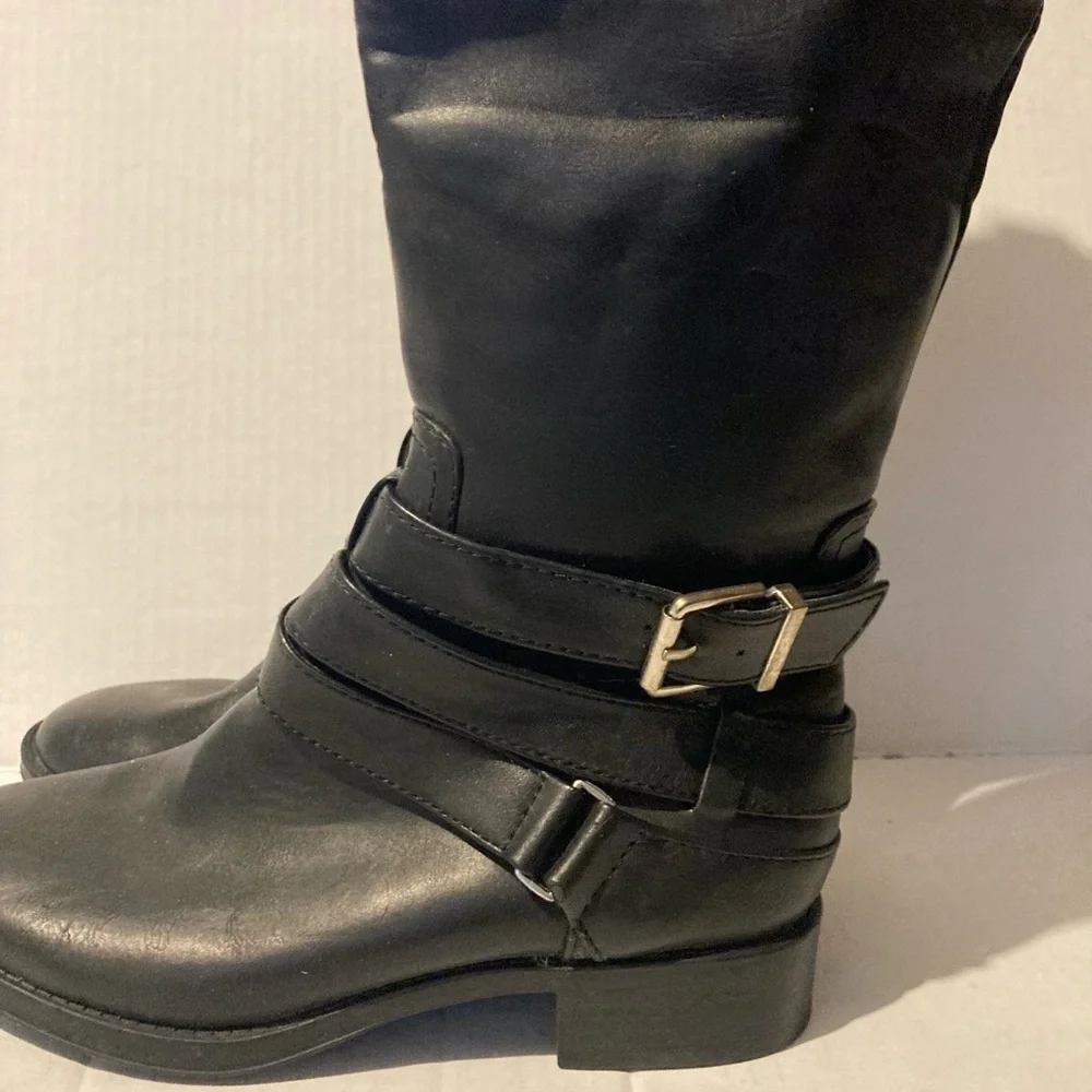 Black Leather Knee-High Double Buckle Boots Size 6